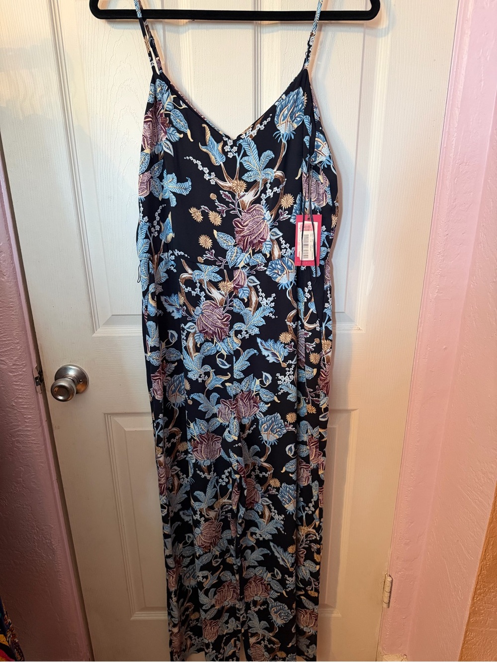 Vince Camuto Black Floral Slip Dress with Blue & Mauve Accents